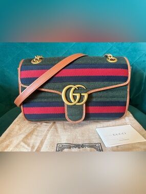 Gucci Navy Red Green Stripe GG Shoulder Bag with Tan Trim